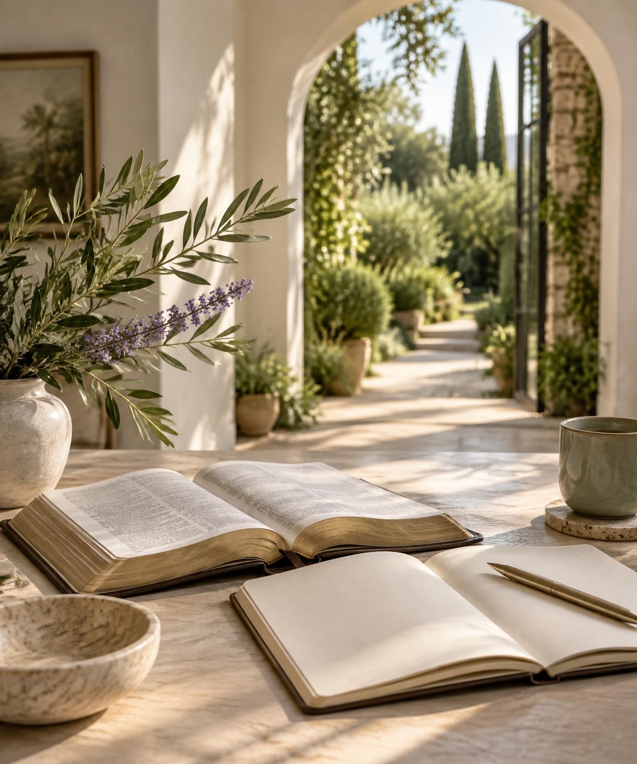 Open Bible and journal beside a garden pathway in warm morning light